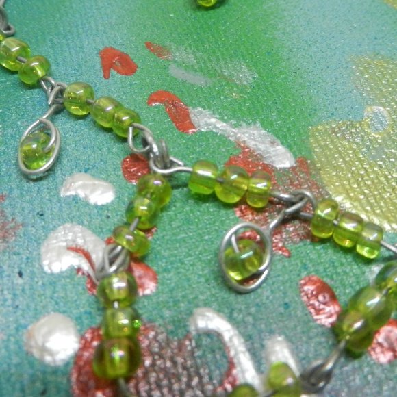 VTG Hand Crafted silver necklace OOAK green silver tone drop and dangle bolo bow - Picture 5 of 7